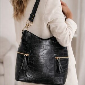 Jen & Co Rochelle Black Croc Embossed Hobo Bag Vegan Leather Y2K Luxe NWOT